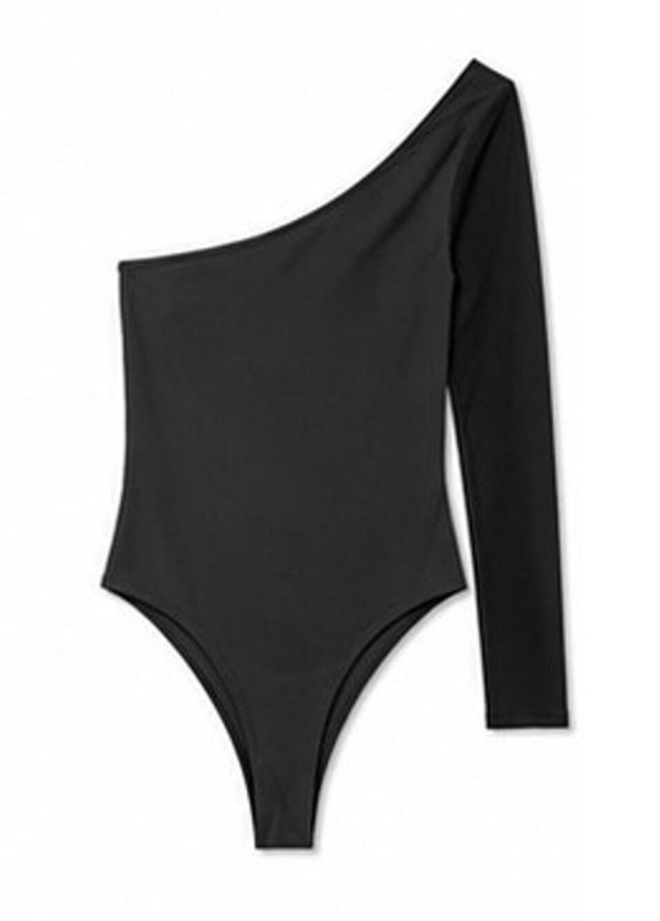 Club L Beach Black Shimmer Thong Bodysuit One Shoulder Long Sleeve US8 AU12 NWT